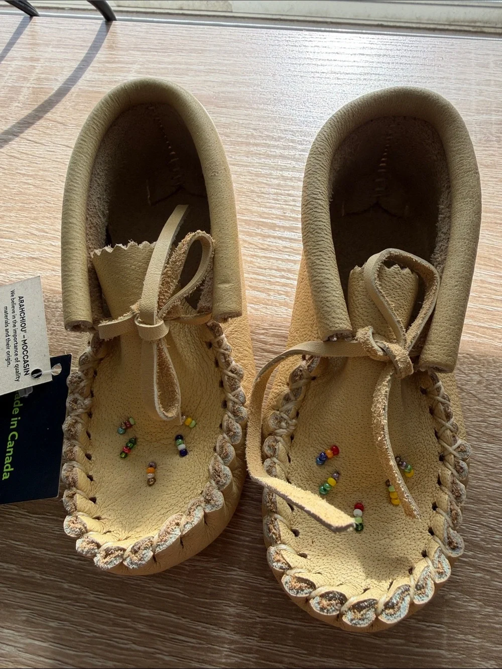 Kids Tan Bastien Moccasin Shoes with Bead Embellishments size 7